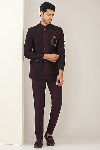 Wine Jacquard Printed Jodhpuri Set by Zoop Men