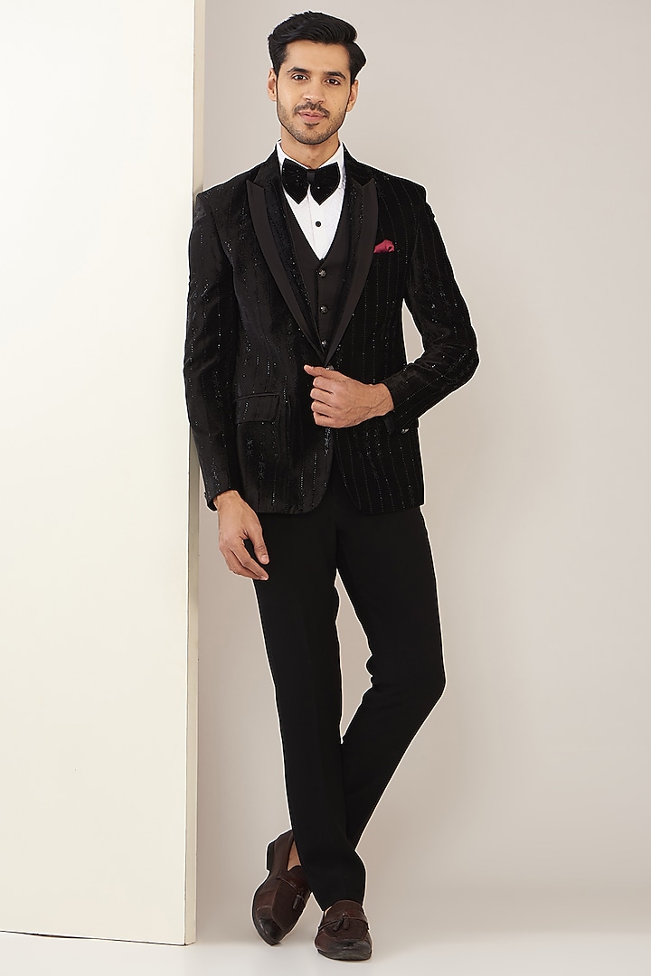 Black Velvet Swarovski Embroidered Tuxedo Set by Zoop Men at Pernia's Pop Up Shop