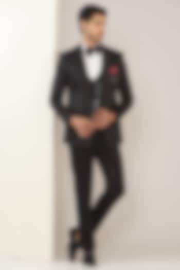 Black Satin Jacquard Tuxedo Set by Zoop Men at Pernia's Pop Up Shop