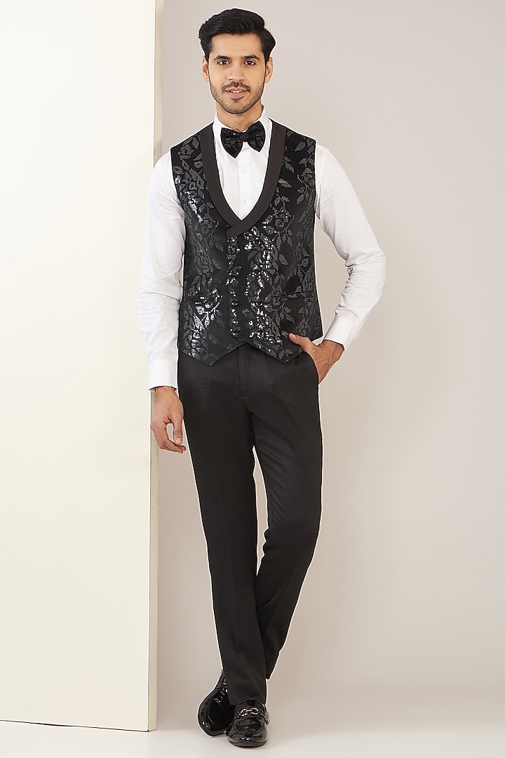 Black Satin Jacquard Tuxedo Set by Zoop Men at Pernia's Pop Up Shop