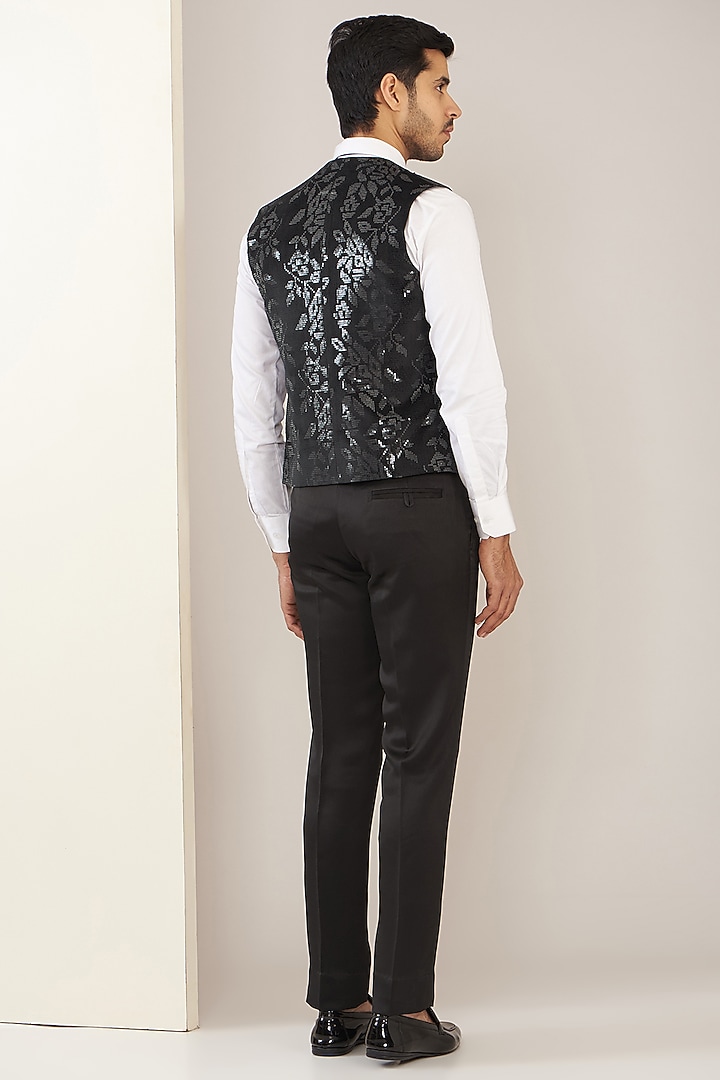 Black Satin Jacquard Tuxedo Set by Zoop Men at Pernia's Pop Up Shop