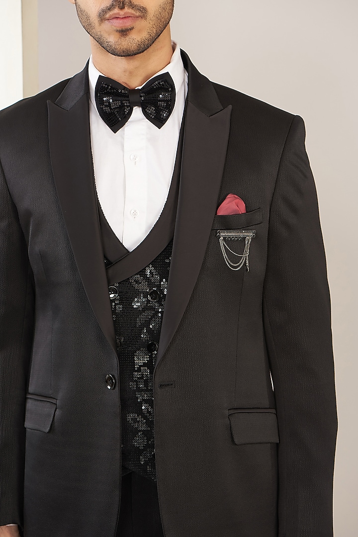 Black Satin Jacquard Tuxedo Set by Zoop Men at Pernia's Pop Up Shop