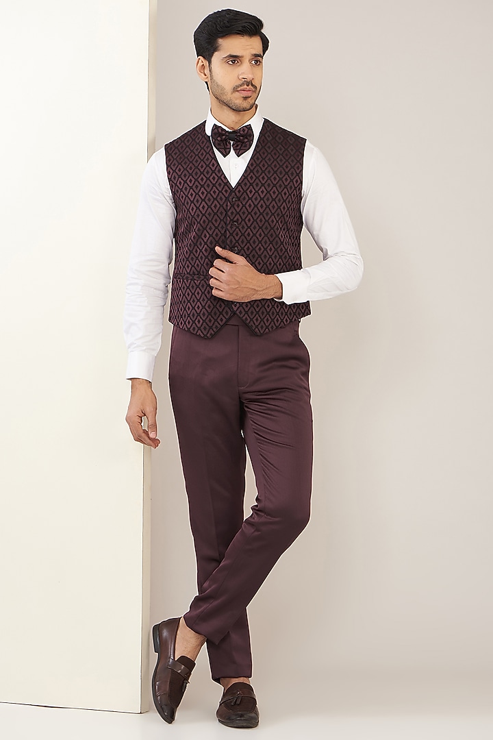 Wine Satin Jacquard Tuxedo Set by Zoop Men at Pernia's Pop Up Shop