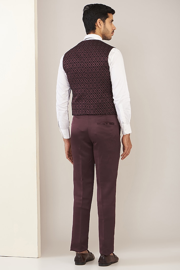Wine Satin Jacquard Tuxedo Set by Zoop Men at Pernia's Pop Up Shop