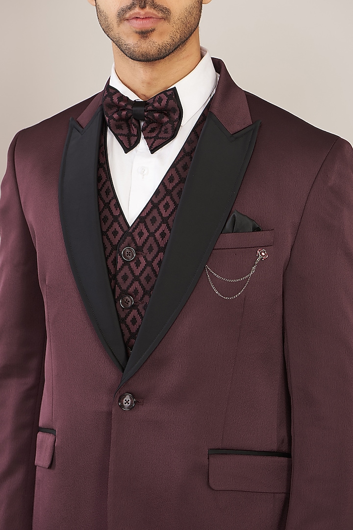 Wine Satin Jacquard Tuxedo Set by Zoop Men at Pernia's Pop Up Shop