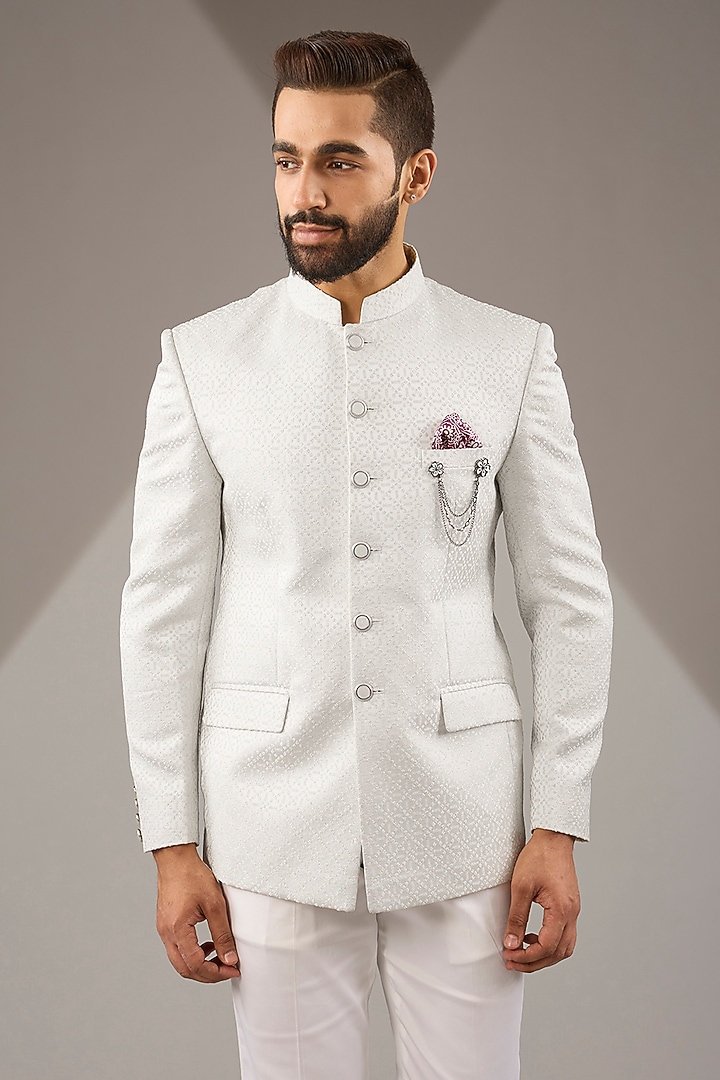 Ivory Premium Jacquard Bandhgala Set by Zoop Men at Pernia's Pop Up Shop