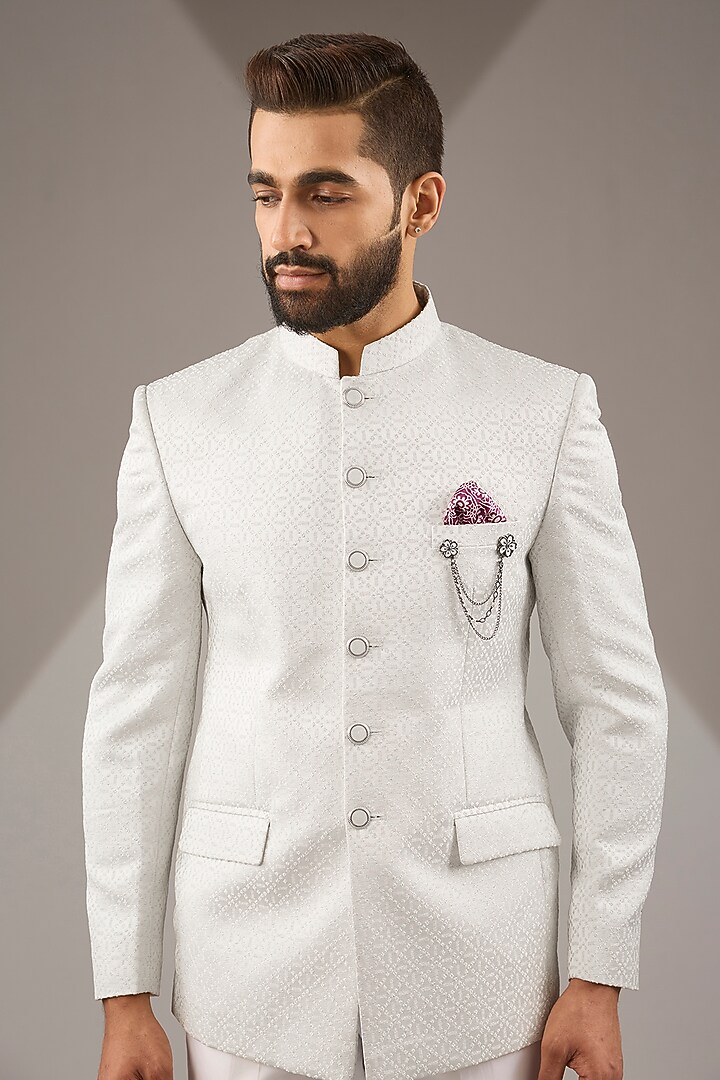 Ivory Premium Jacquard Bandhgala Set by Zoop Men at Pernia's Pop Up Shop