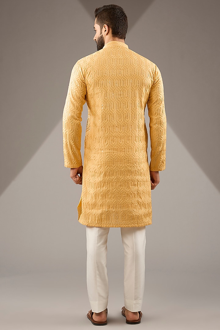 Yellow Banarasi Cotton Silk Thread Embroidered Kurta Set by Zoop Men at Pernia's Pop Up Shop