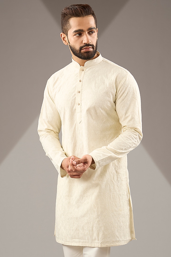 Cream Banarasi Cotton Silk Thread Embroidered Kurta Set by Zoop Men at Pernia's Pop Up Shop