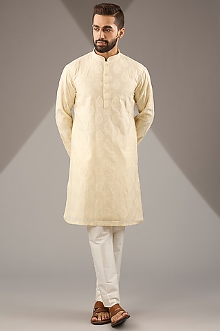 Cream Banarasi Cotton Silk Thread Embroidered Kurta Set by Zoop Men