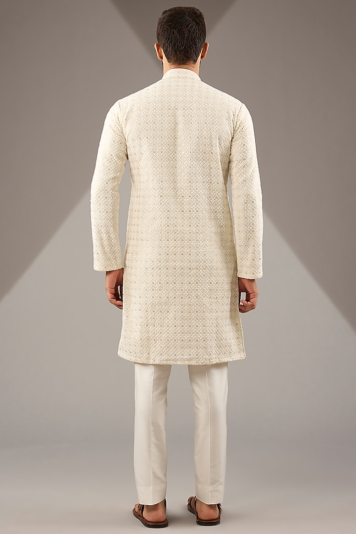 Cream Banarasi Cotton Silk Thread & Sequins Embroidered Kurta Set by Zoop Men at Pernia's Pop Up Shop