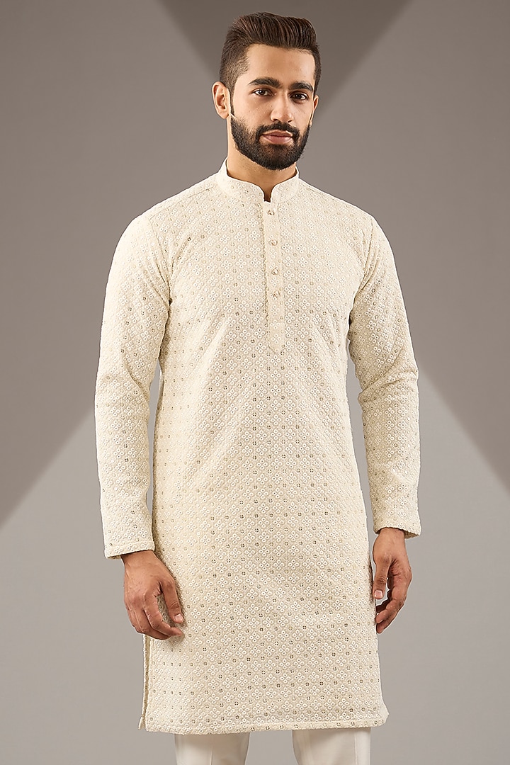Cream Banarasi Cotton Silk Thread & Sequins Embroidered Kurta Set by Zoop Men at Pernia's Pop Up Shop