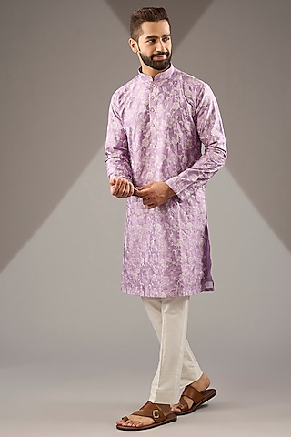 Purple Banarasi Cotton Silk Thread Embroidered Kurta Set by Zoop Men