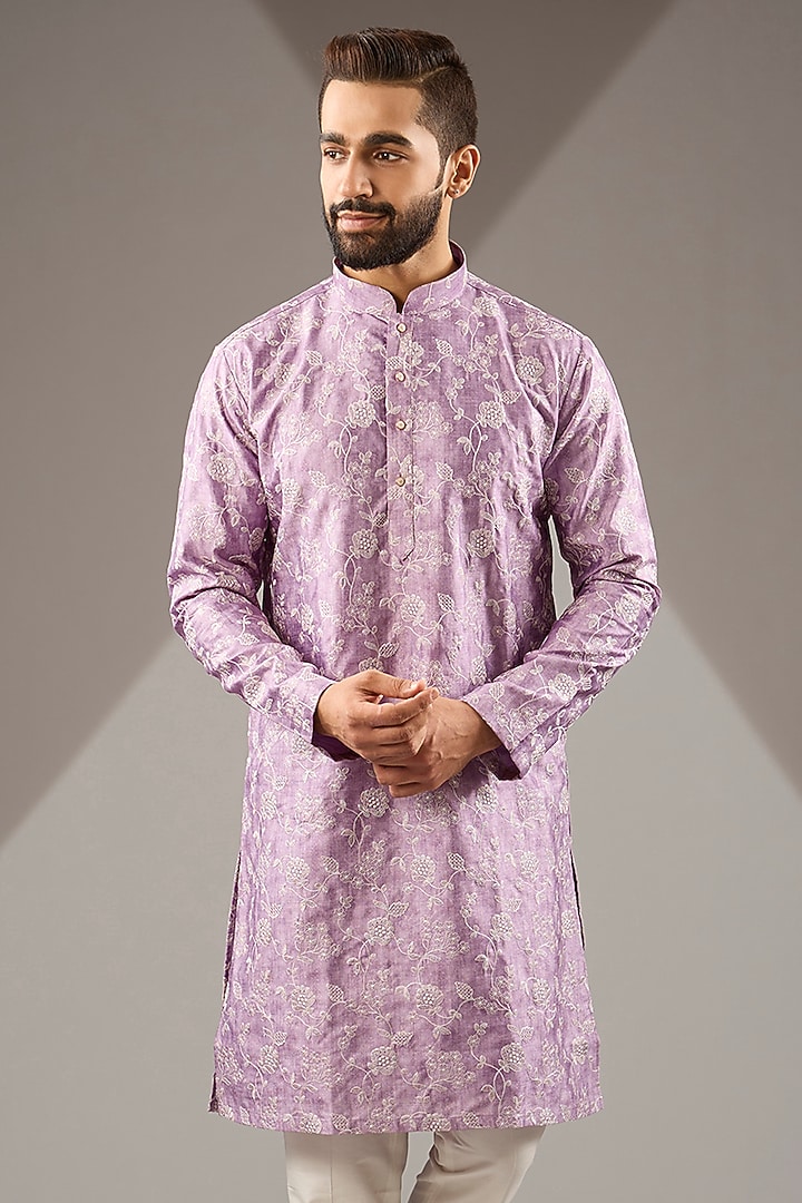 Purple Banarasi Cotton Silk Thread Embroidered Kurta Set by Zoop Men at Pernia's Pop Up Shop