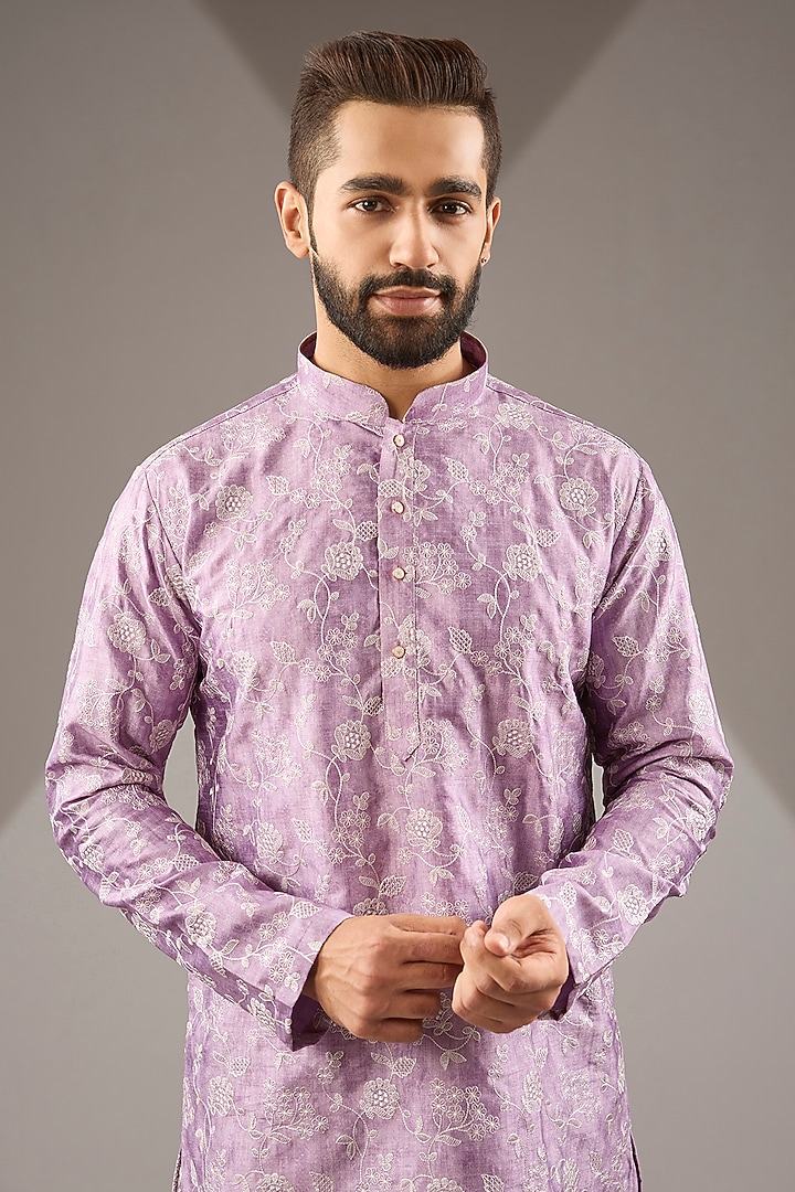 Purple Banarasi Cotton Silk Thread Embroidered Kurta Set by Zoop Men at Pernia's Pop Up Shop