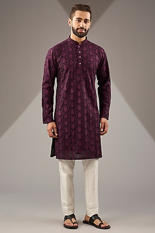 Wine Banarasi Cotton Silk Thread Embroidered Kurta Set by Zoop Men