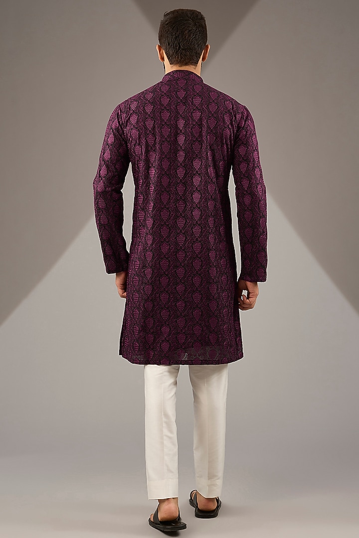 Wine Banarasi Cotton Silk Thread Embroidered Kurta Set by Zoop Men at Pernia's Pop Up Shop