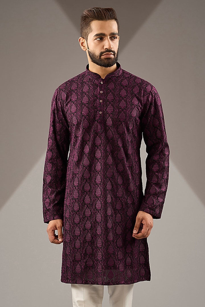 Wine Banarasi Cotton Silk Thread Embroidered Kurta Set by Zoop Men at Pernia's Pop Up Shop