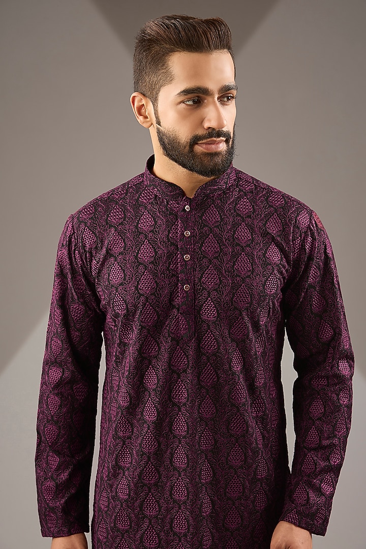 Wine Banarasi Cotton Silk Thread Embroidered Kurta Set by Zoop Men at Pernia's Pop Up Shop