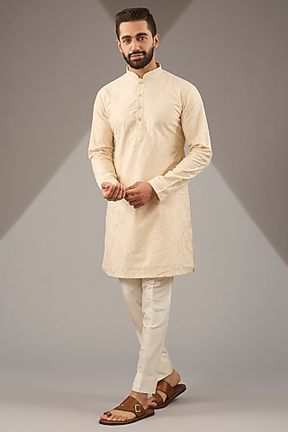 Cream Banarasi Cotton Silk Thread Embroidered Kurta Set by Zoop Men