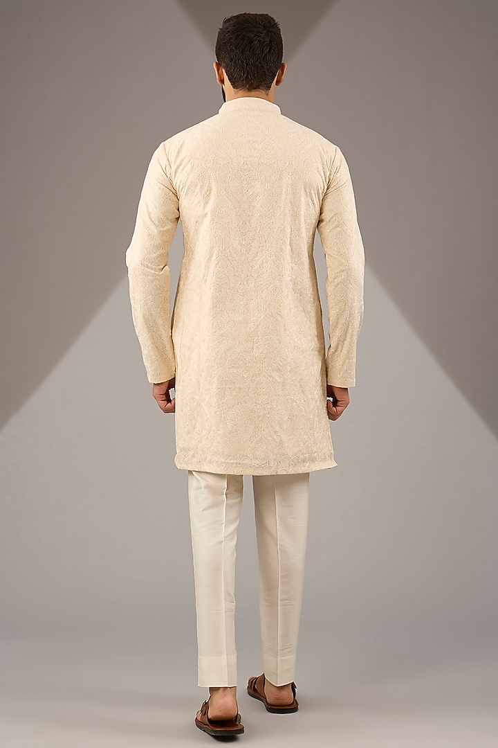 Cream Banarasi Cotton Silk Thread Embroidered Kurta Set by Zoop Men at Pernia's Pop Up Shop