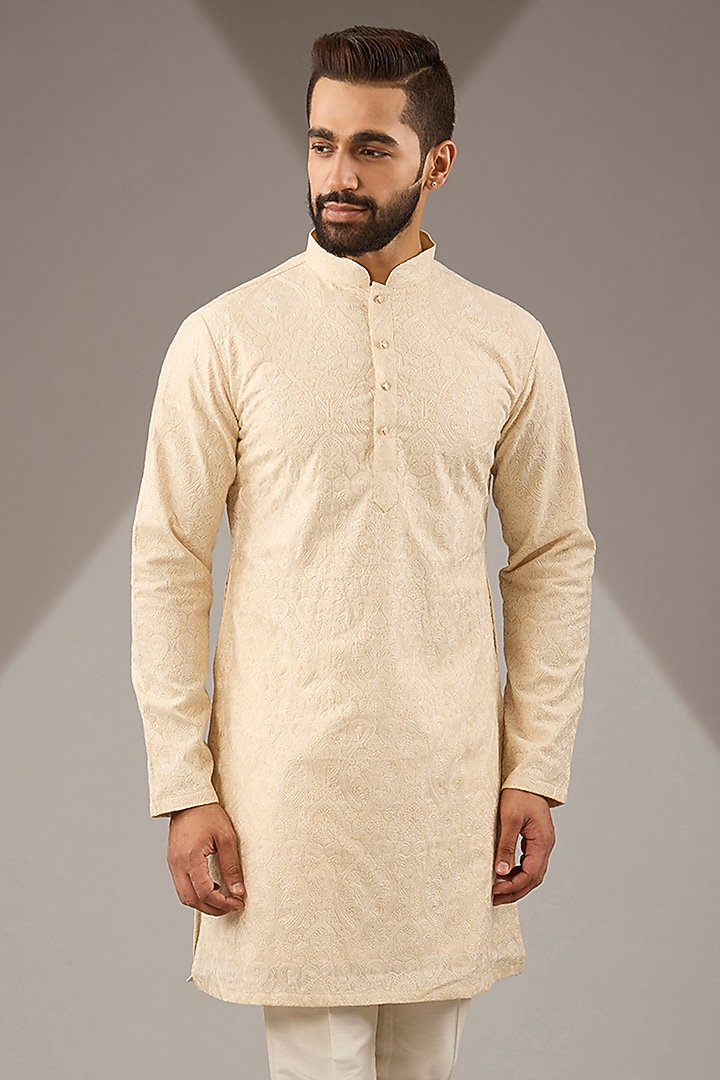 Cream Banarasi Cotton Silk Thread Embroidered Kurta Set by Zoop Men at Pernia's Pop Up Shop