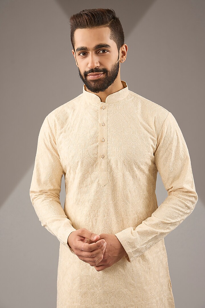Cream Banarasi Cotton Silk Thread Embroidered Kurta Set by Zoop Men at Pernia's Pop Up Shop