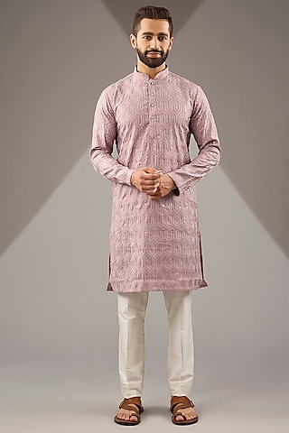 Light Purple Banarasi Cotton Silk Thread Embroidered Kurta Set by Zoop Men
