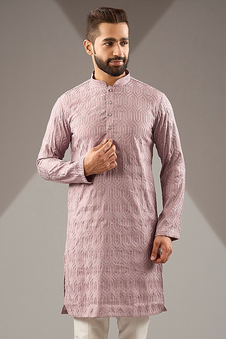 Light Purple Banarasi Cotton Silk Thread Embroidered Kurta Set by Zoop Men at Pernia's Pop Up Shop