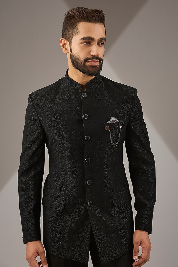 Black Jacquard Bandhgala Set by Zoop Men at Pernia's Pop Up Shop