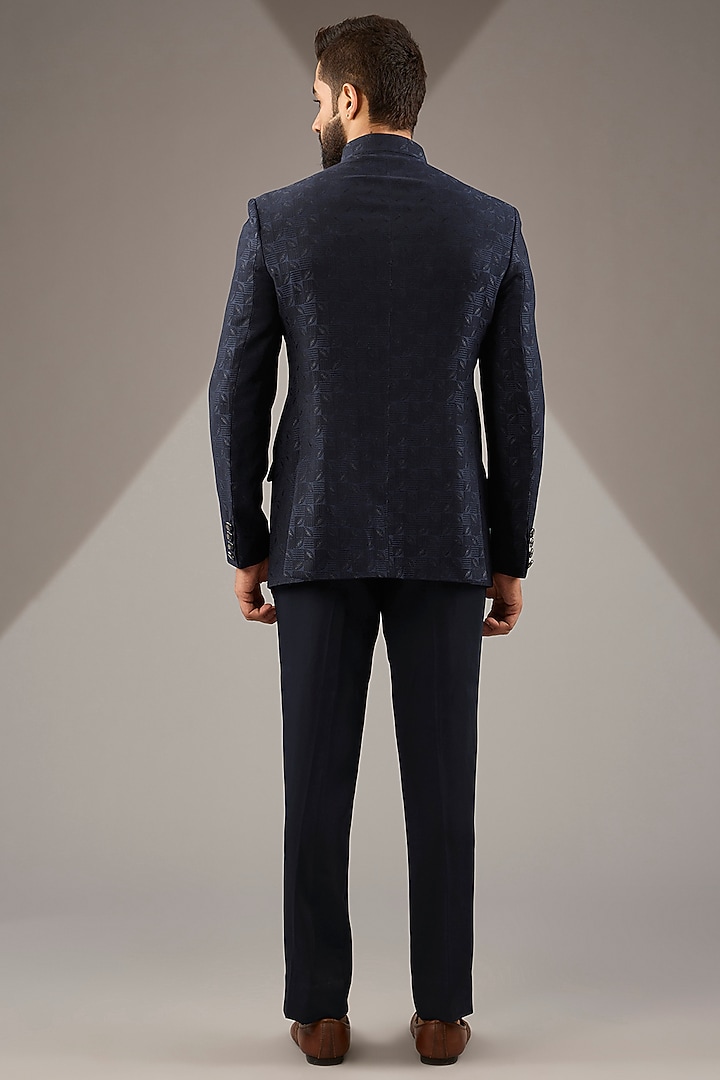 Navy Blue Jacquard Bandhgala Set by Zoop Men at Pernia's Pop Up Shop