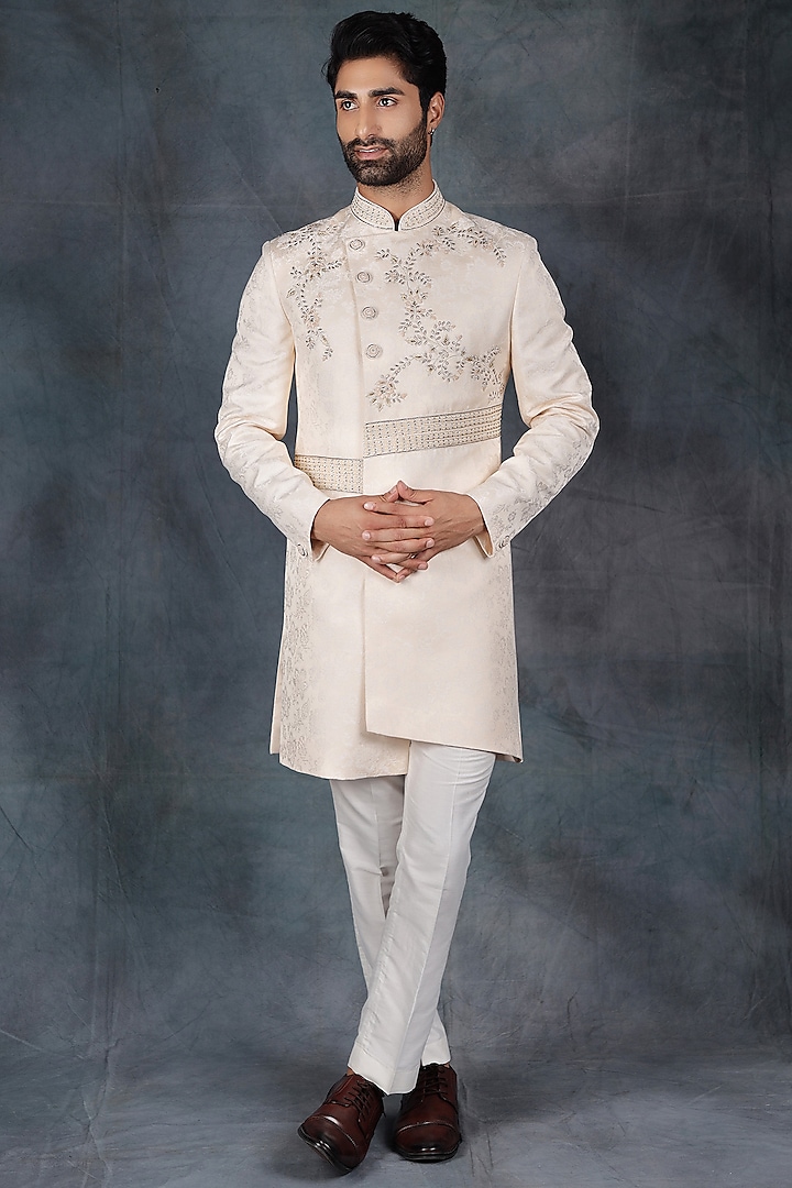 Ivory Jacquard & Poly Cotton Embroidered Indo-Western Set by Zoop Men