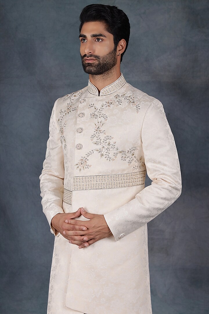 Ivory Jacquard & Poly Cotton Embroidered Indo-Western Set by Zoop Men at Pernia's Pop Up Shop