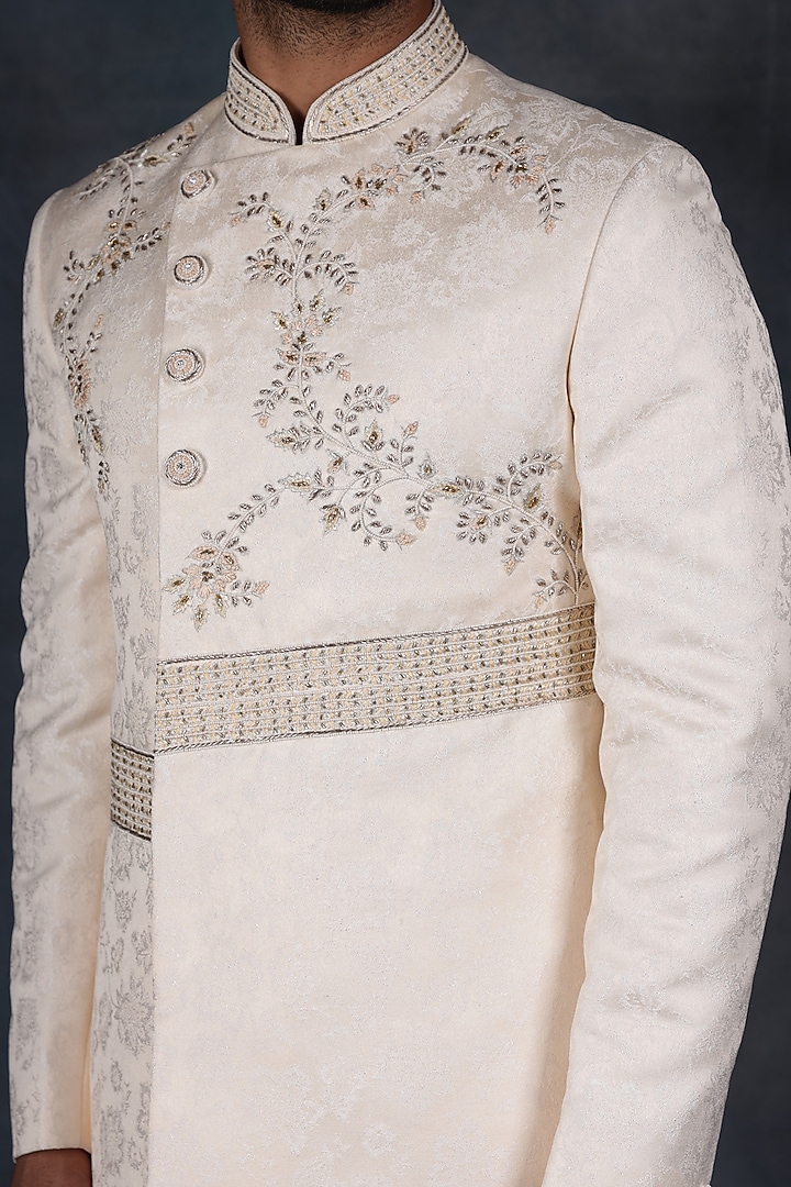Ivory Jacquard & Poly Cotton Embroidered Indo-Western Set by Zoop Men at Pernia's Pop Up Shop