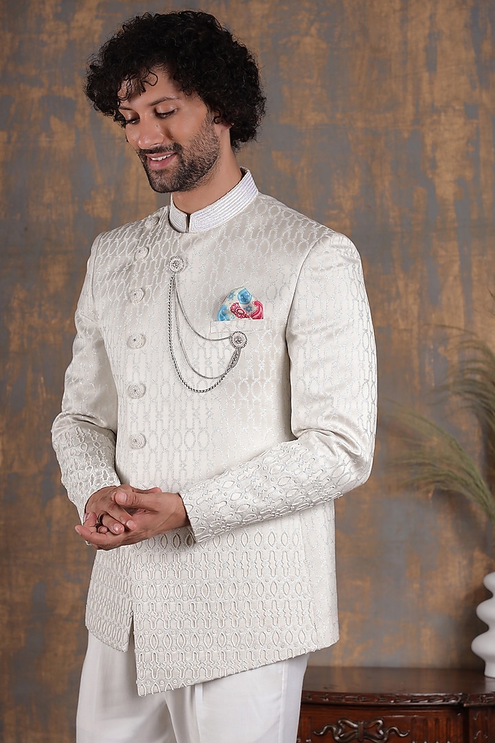 Pearl White Jacquard & Terry Rayon Embellished Bandhgala Set by Zoop Men at Pernia's Pop Up Shop