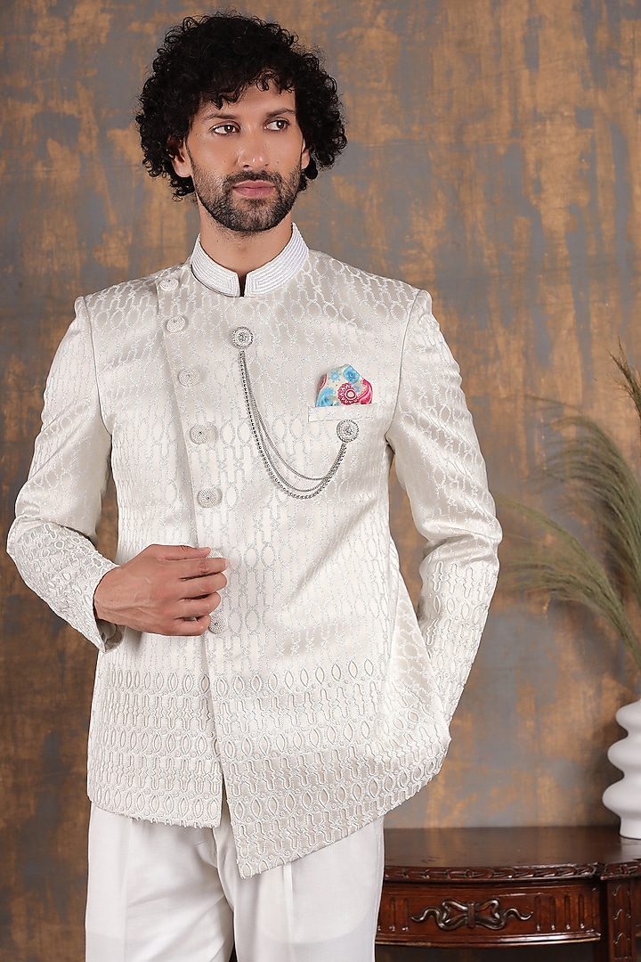 Pearl White Jacquard & Terry Rayon Embellished Bandhgala Set by Zoop Men at Pernia's Pop Up Shop