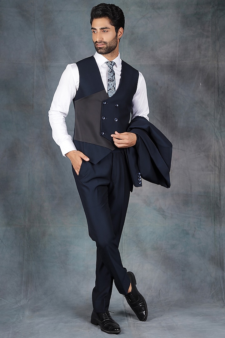 Dark Blue Jacquard & Terry Rayon Tuxedo Set by Zoop Men at Pernia's Pop Up Shop