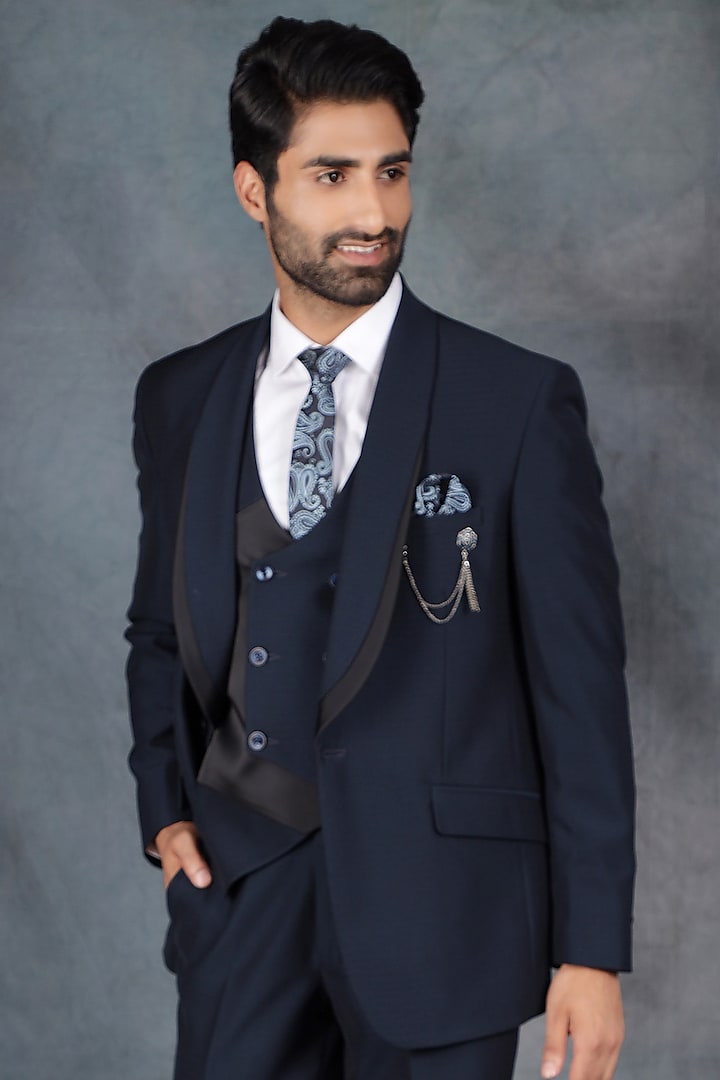 Dark Blue Jacquard & Terry Rayon Tuxedo Set by Zoop Men at Pernia's Pop Up Shop