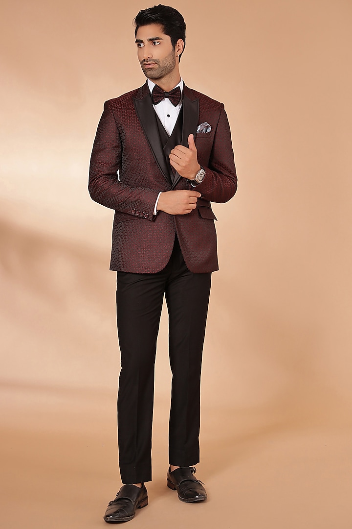Rosewood Red Jacquard & Terry Rayon Tuxedo Set by Zoop Men