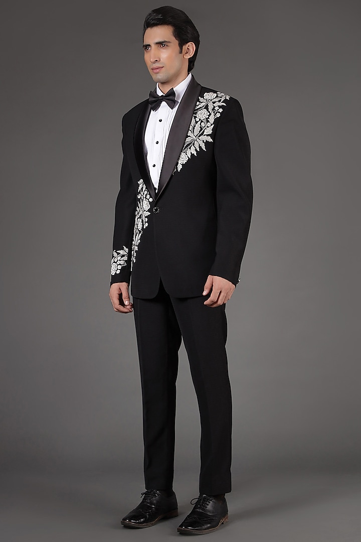 Black Jacquard & Terry Rayon Embroidered Tuxedo Set by Zoop Men