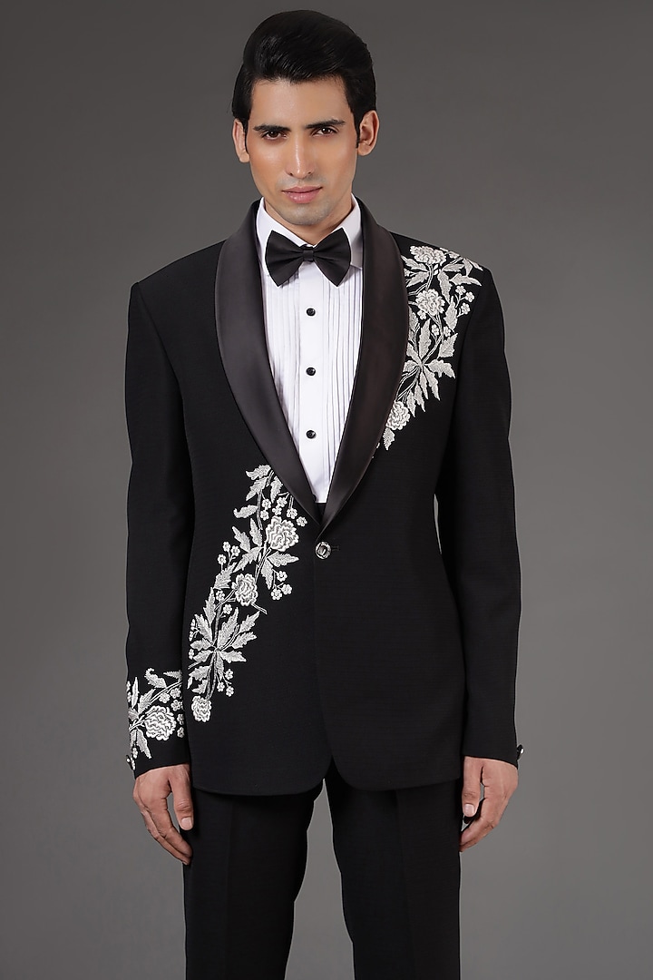 Black Jacquard & Terry Rayon Embroidered Tuxedo Set by Zoop Men at Pernia's Pop Up Shop