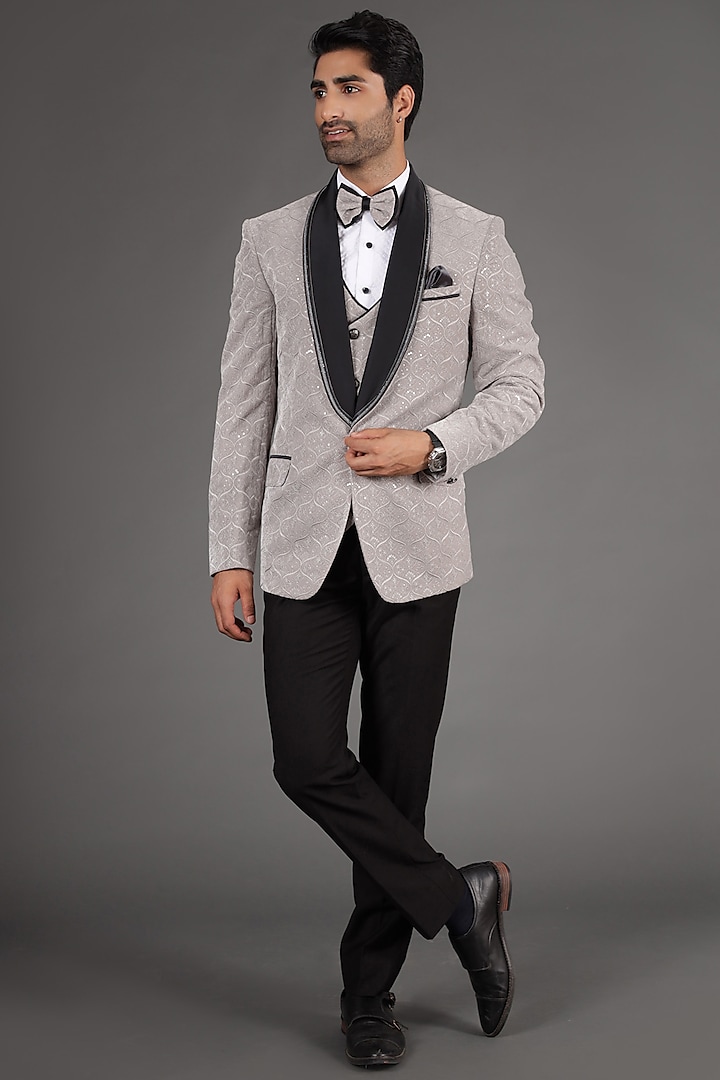 Light Grey Pure Cotton & Terry Rayon Embroidered Tuxedo Set by Zoop Men