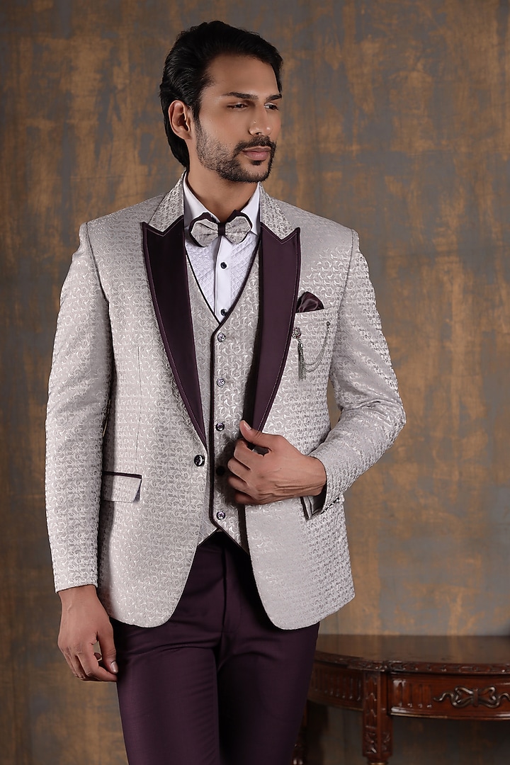 Mauve & Plum Wine Jacquard Tuxedo Set by Zoop men at Pernia's Pop Up Shop
