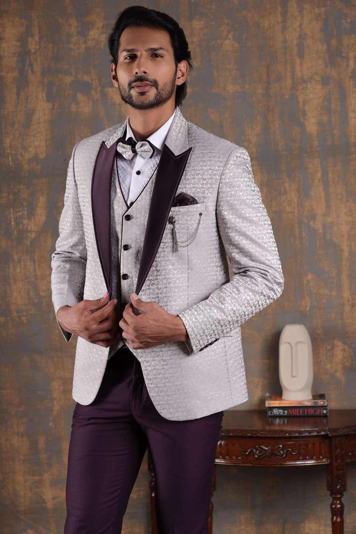 Mauve & Plum Wine Jacquard Tuxedo Set by Zoop men at