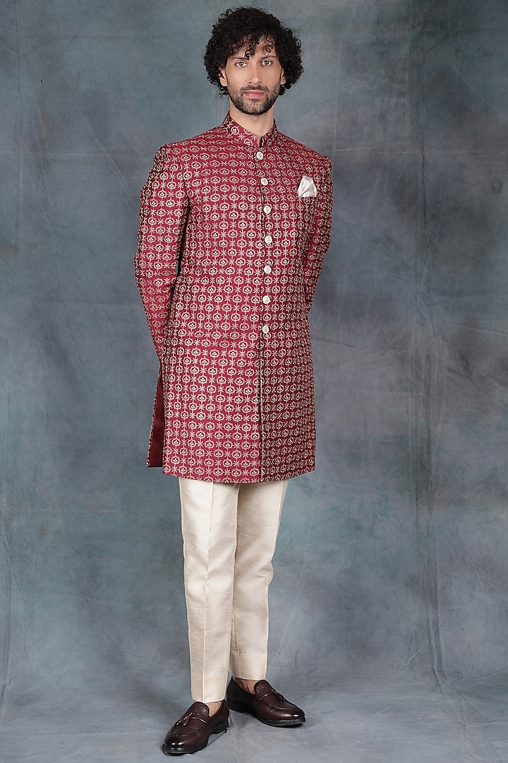 Red Poly Cotton & Jacquard Printed Indo-Western Set by Zoop Men