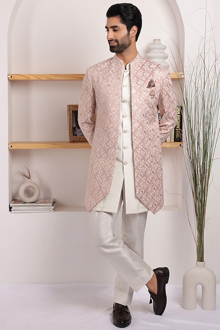Pastel Pink Poly Cotton & Jacquard Printed Indo-Western Set by Zoop Men
