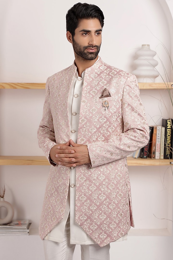 Pastel Pink Poly Cotton & Jacquard Printed Indo-Western Set by Zoop Men at Pernia's Pop Up Shop