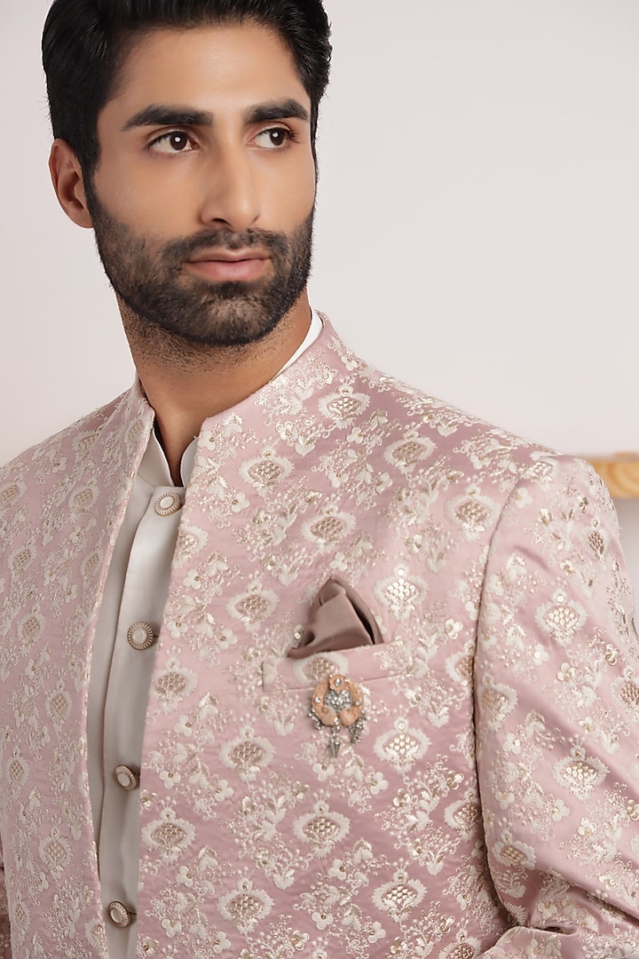 Pastel Pink Poly Cotton & Jacquard Printed Indo-Western Set by Zoop Men at Pernia's Pop Up Shop