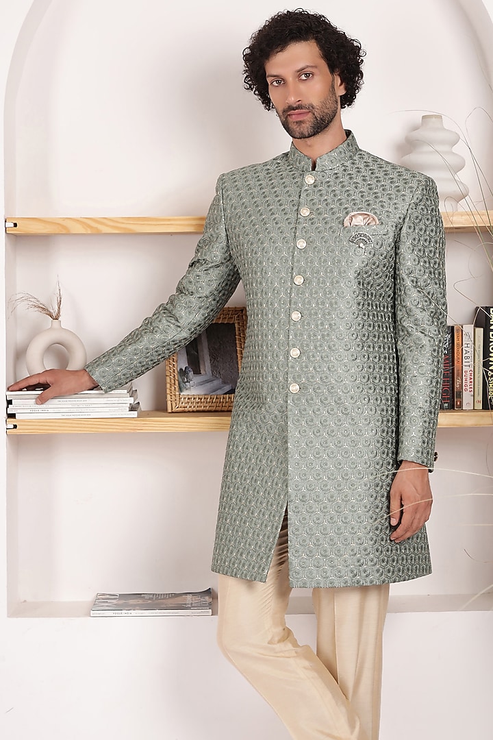 Spring Green Jacquard Printed & Embroidered Indo-Western Set by Zoop Men at Pernia's Pop Up Shop