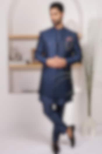 Midnight Blue Jacquard & Poly Cotton Indo-Western Set by Zoop Men at Pernia's Pop Up Shop